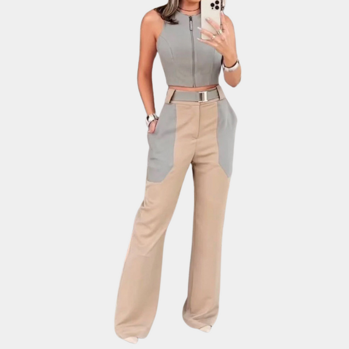 Women's 2-Piece Set Crop Top with Open Back and Wide High-Waist Pants