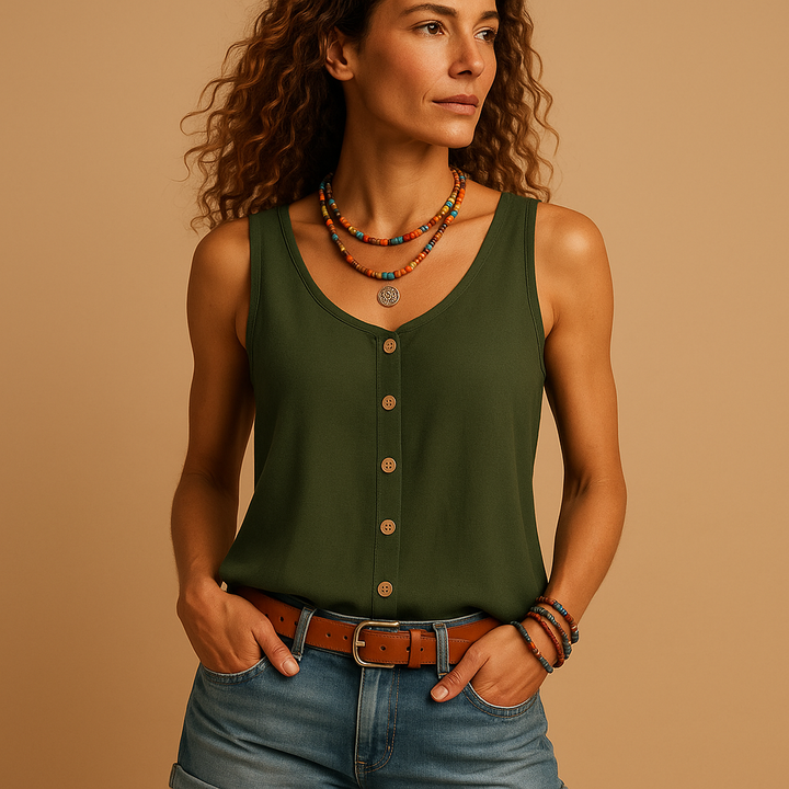 Sleeveless Airy Women's Top with Buttons and Round Neck