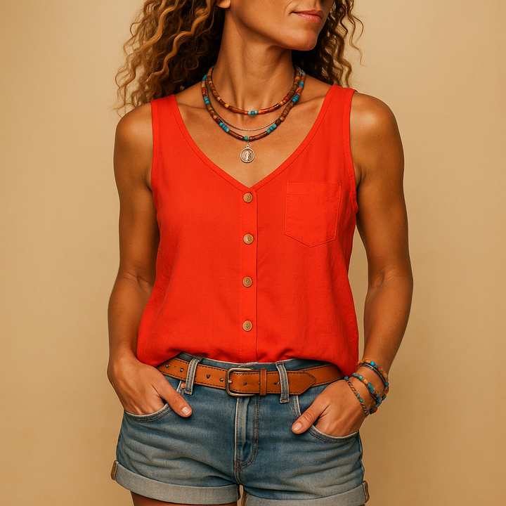 Sleeveless Airy Women's Top with Buttons and Round Neck