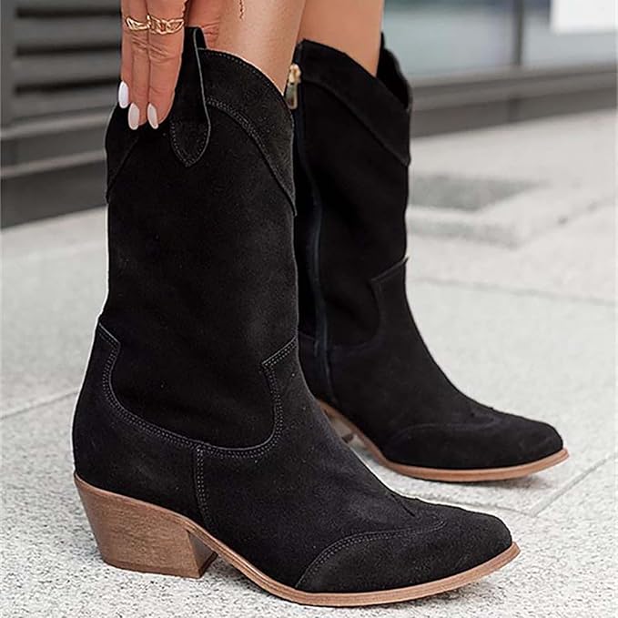 Stylish Suede Women's Cowboy Boots with Low Heel