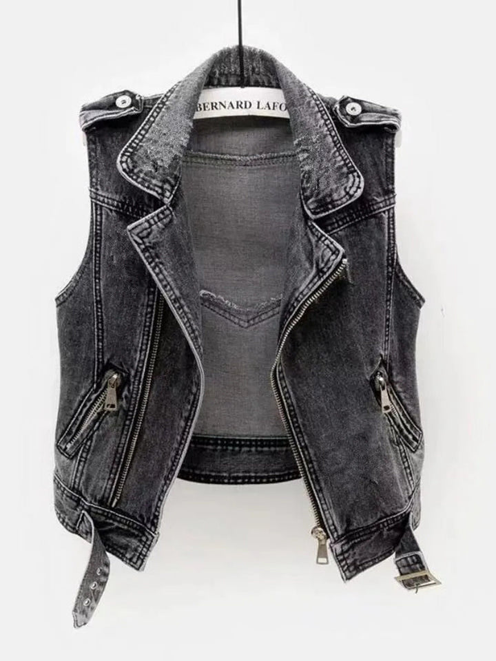 Alcee | Edgy Denim Sleeveless Biker Jacket
