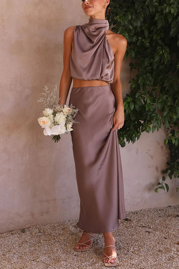 Terri | Satin Set with High Neck and Maxi Skirt