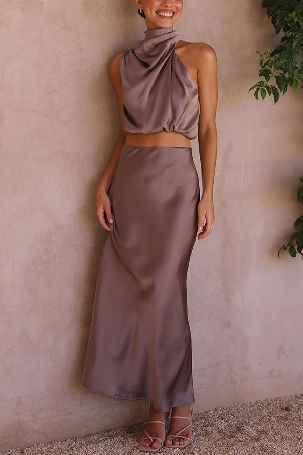 Terri | Satin Set with High Neck and Maxi Skirt