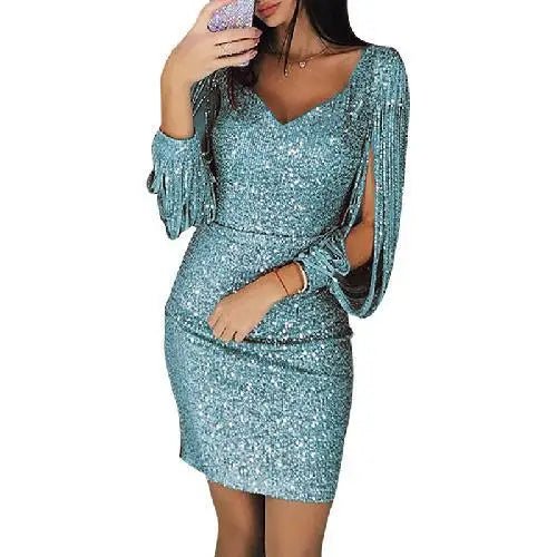 Sequin Mini Dress for Women with Long Sleeves and Split Details