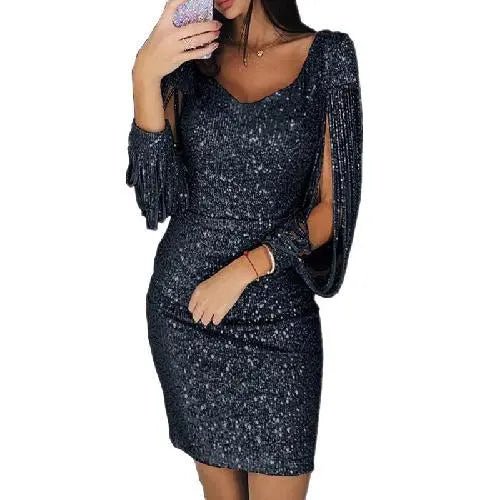 Sequin Mini Dress for Women with Long Sleeves and Split Details