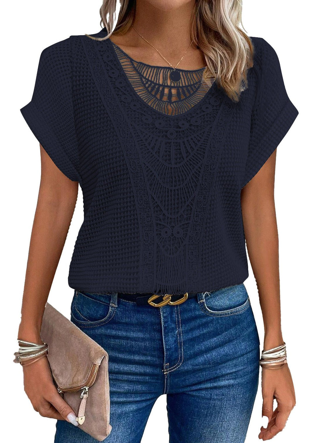 Elegant Women's Blouse with Lace Details and Short Sleeves