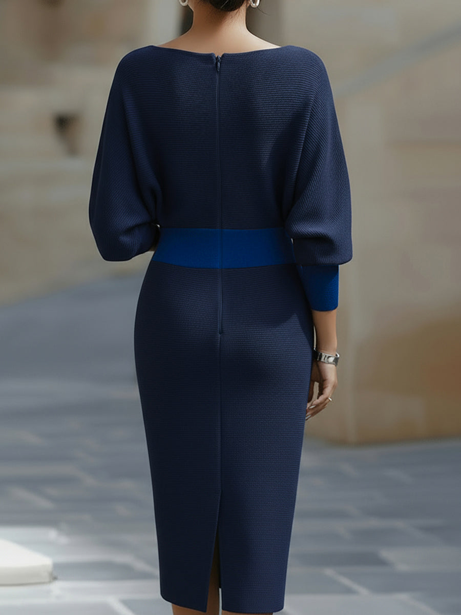 Chic Women's Bodycon Midi Dress with Long Sleeves and Boat Neck
