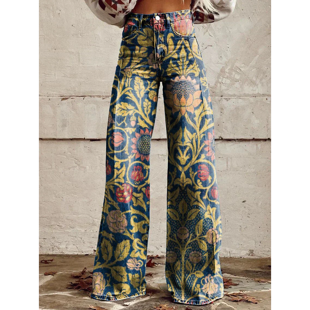 Trendy Women's Wide Jeans with Floral Print and High Waist