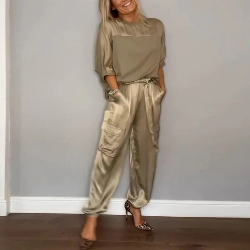 Satin Luxury 2-Piece Women's Set with Cargo Pants and Loose Top