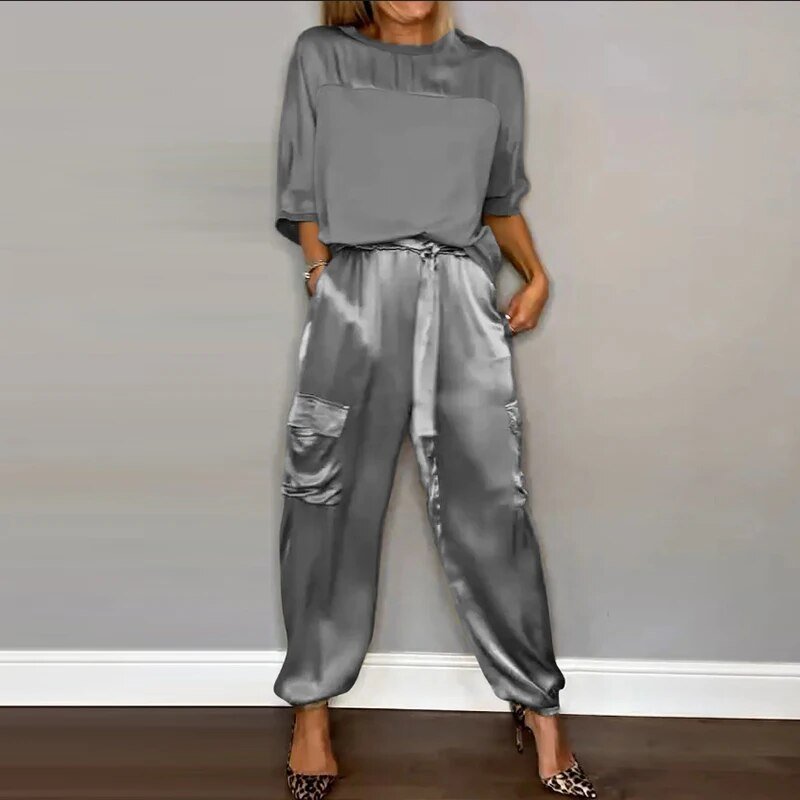 Satin Luxury 2-Piece Women's Set with Cargo Pants and Loose Top