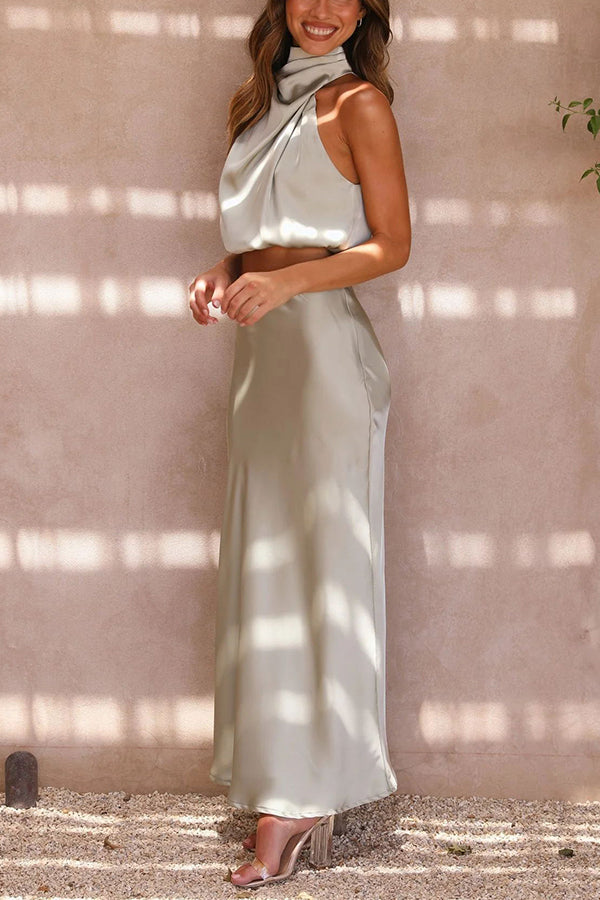 Terri | Satin Set with High Neck and Maxi Skirt