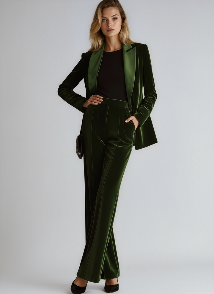 Velvet Green Elegant Women's Suit Blazer & Wide Pants