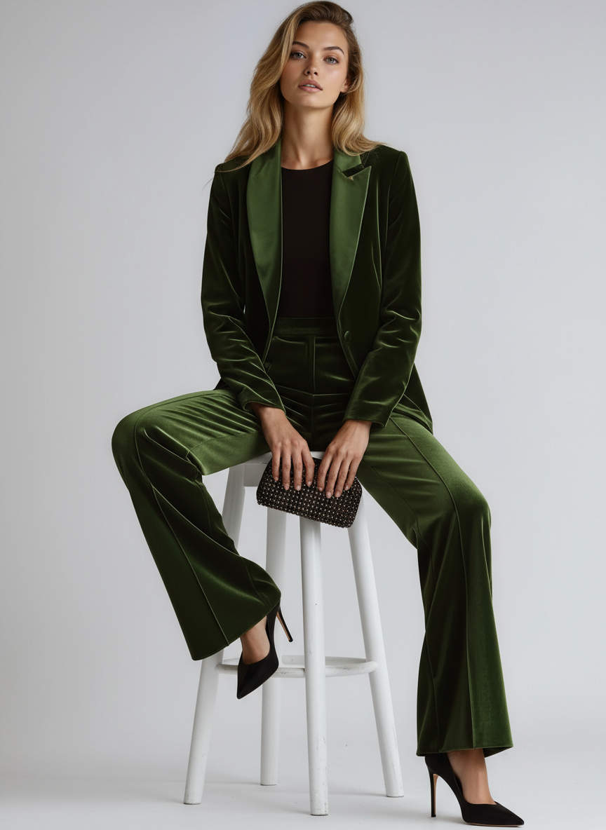 Velvet Green Elegant Women's Suit Blazer & Wide Pants