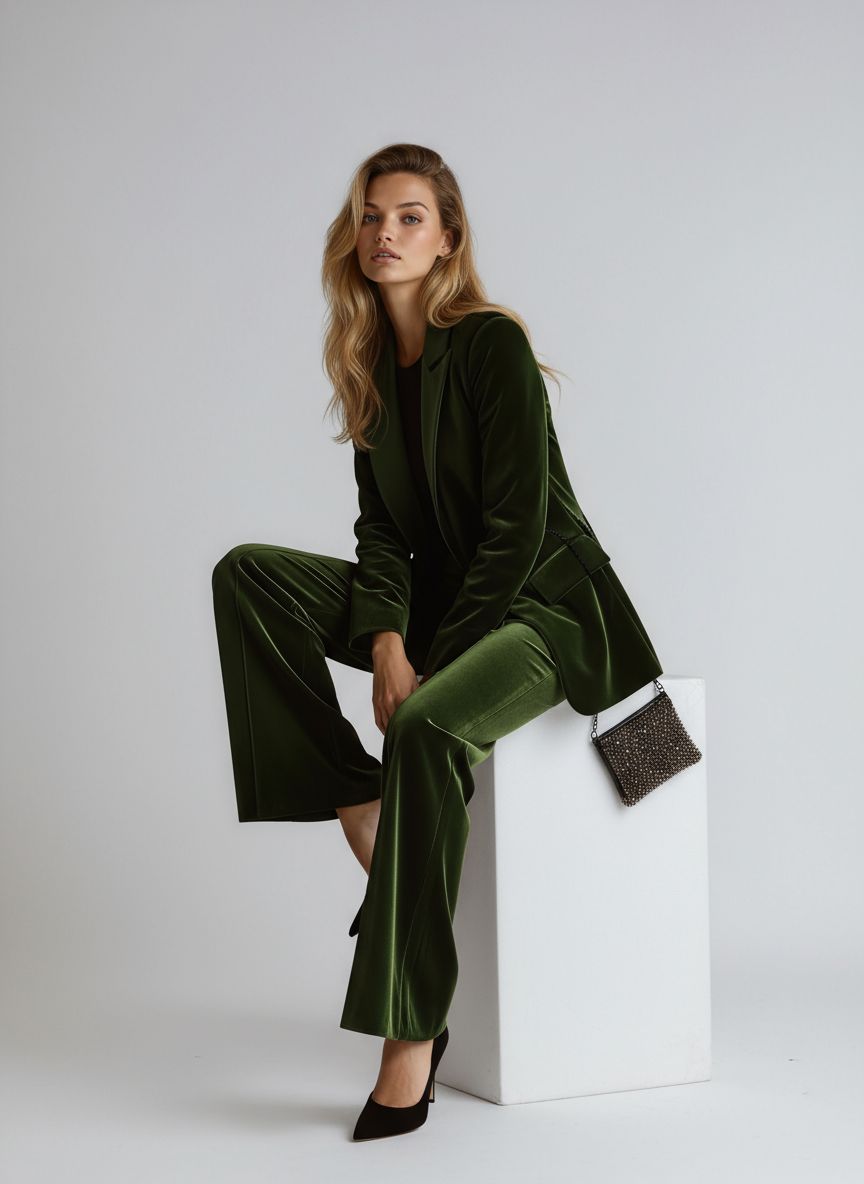 Velvet Green Elegant Women's Suit Blazer & Wide Pants