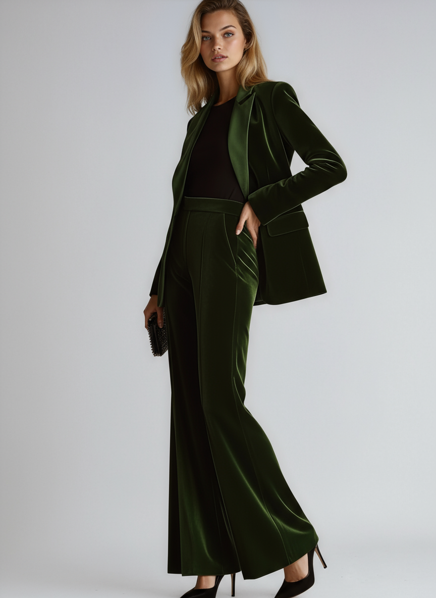 Velvet Green Elegant Women's Suit Blazer & Wide Pants