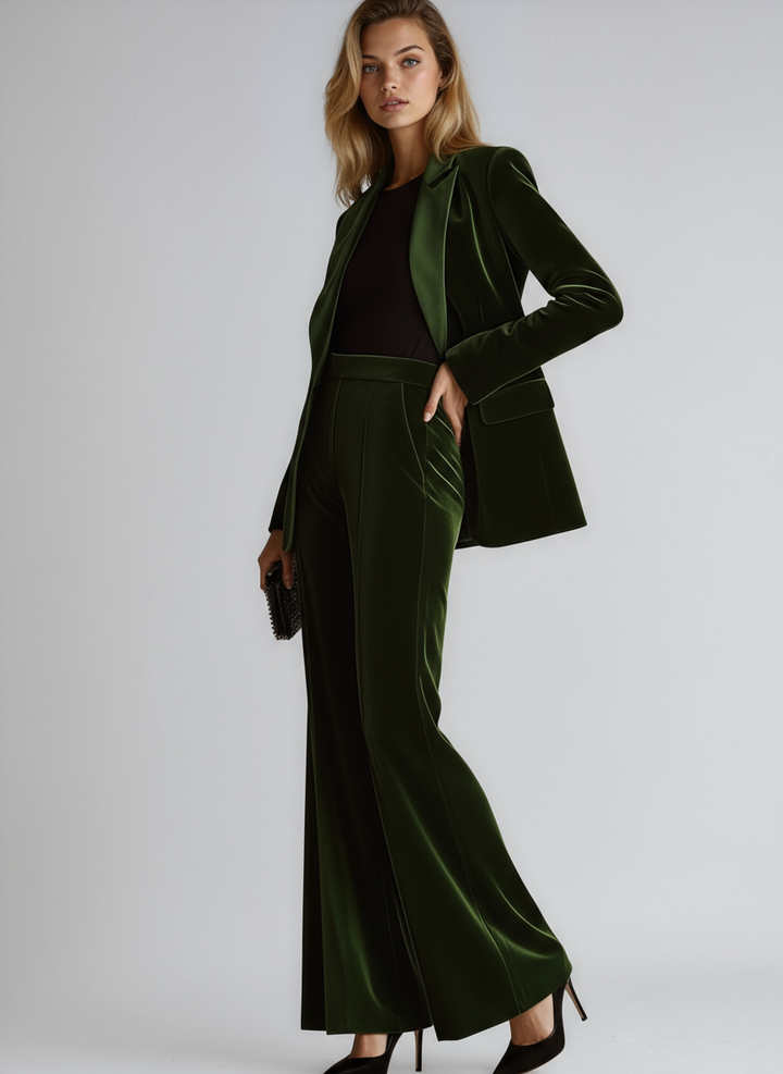 Velvet Green Elegant Women's Suit Blazer & Wide Pants