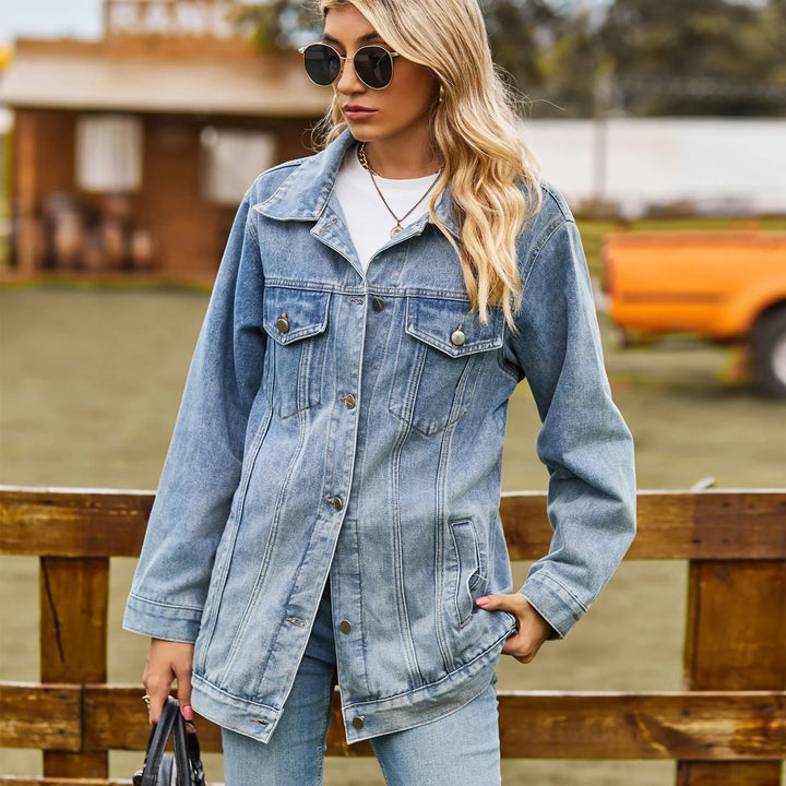 Oversized Denim Jacket for Women with Chest Pockets and Snap Button Closure