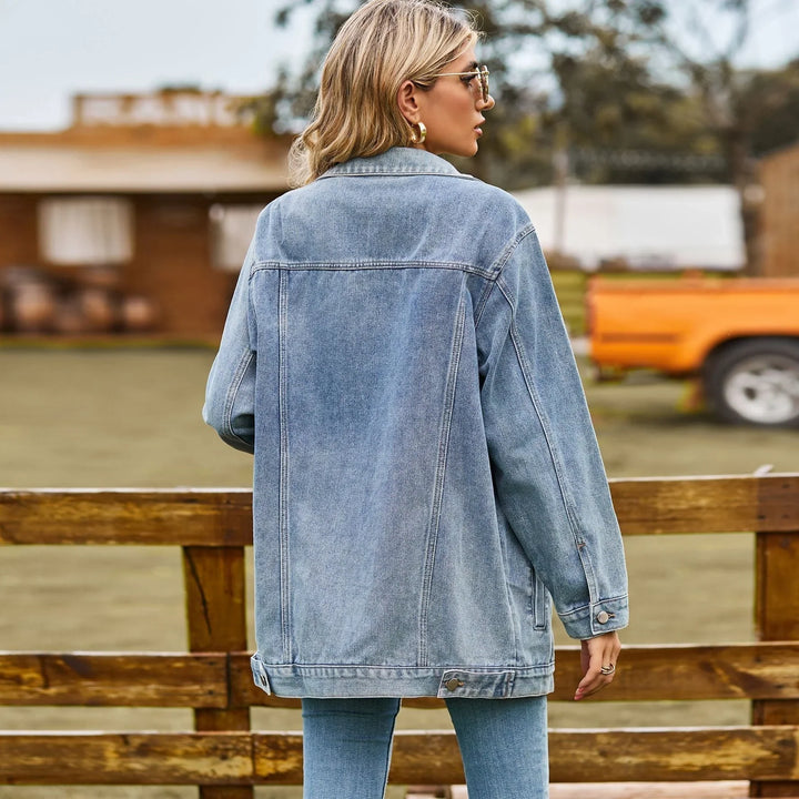 Oversized Denim Jacket for Women with Chest Pockets and Snap Button Closure