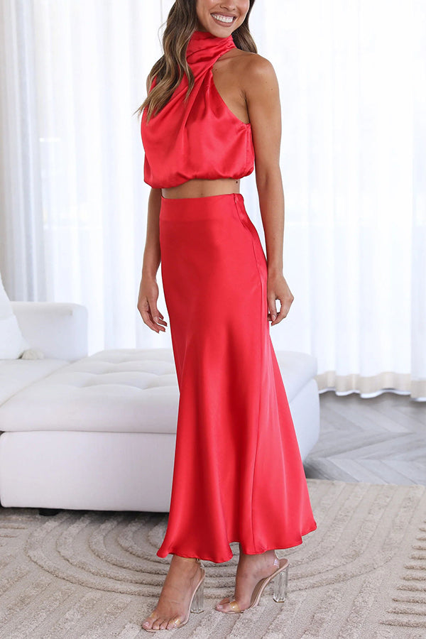 Terri | Satin Set with High Neck and Maxi Skirt