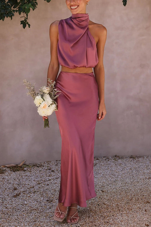 Terri | Satin Set with High Neck and Maxi Skirt