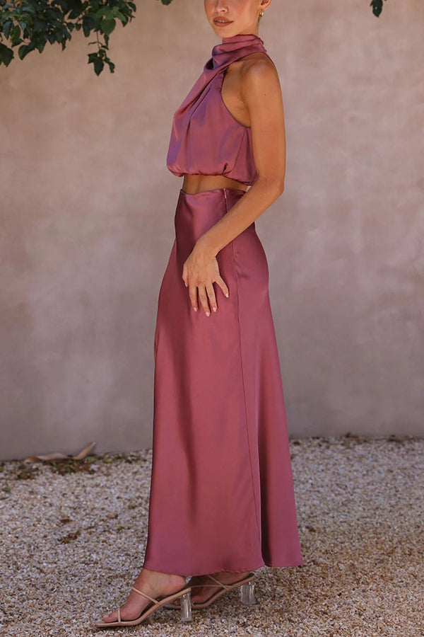 Terri | Satin Set with High Neck and Maxi Skirt