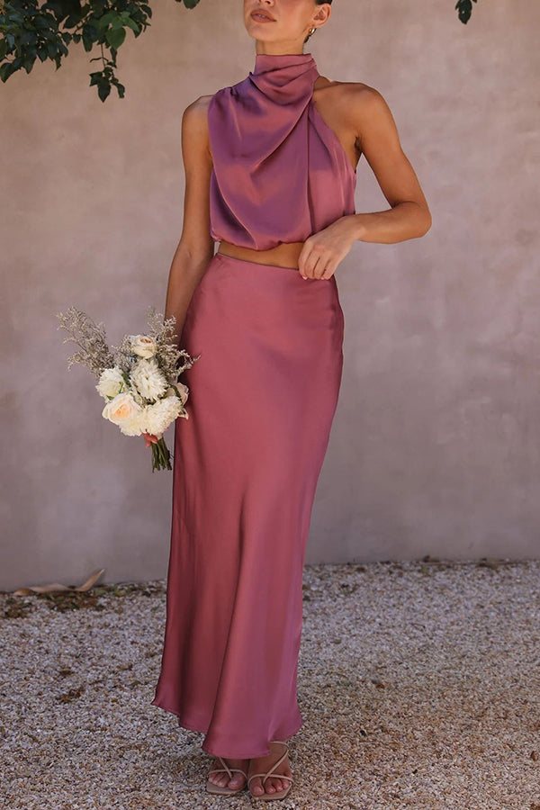 Terri | Satin Set with High Neck and Maxi Skirt