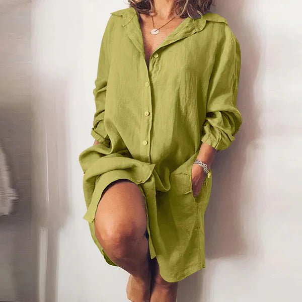 Midi summer dress for women with button closure and long sleeves