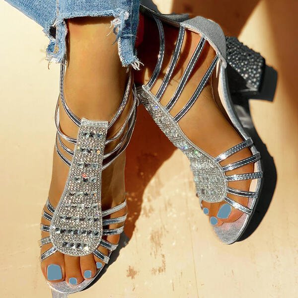 Elegant Glitter Women's Sandals with Block Heel and Straps