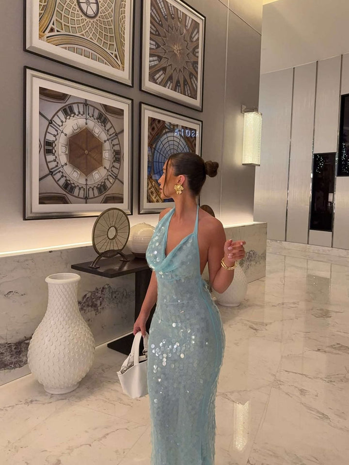 Elegant Blue Sequin Maxi Dress for Women