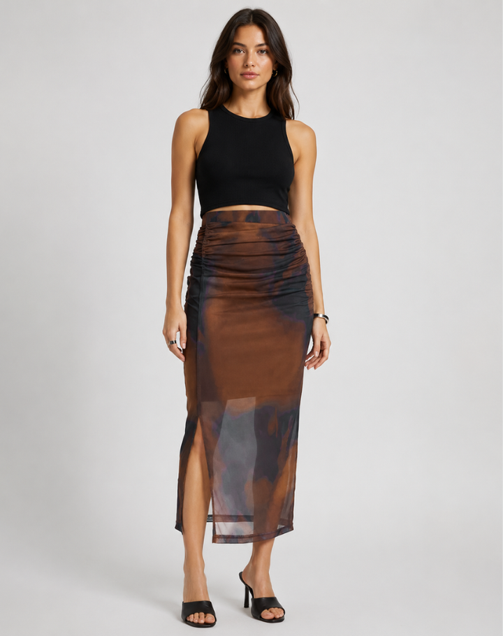 Yaani | Tie-Dye Midi Skirt with Split and Ruffle Detail