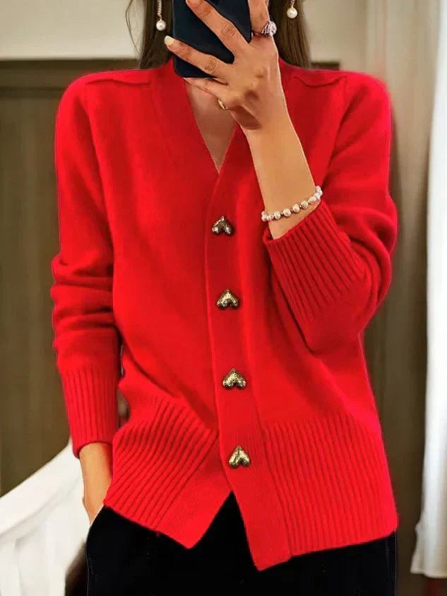 Comfortable Women's Cardigan with Heart Buttons and V-Neck