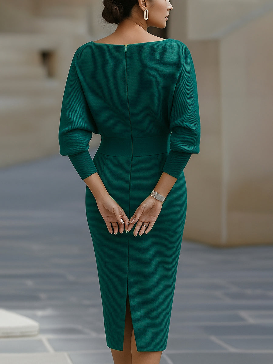 Chic Women's Bodycon Midi Dress with Long Sleeves and Boat Neck