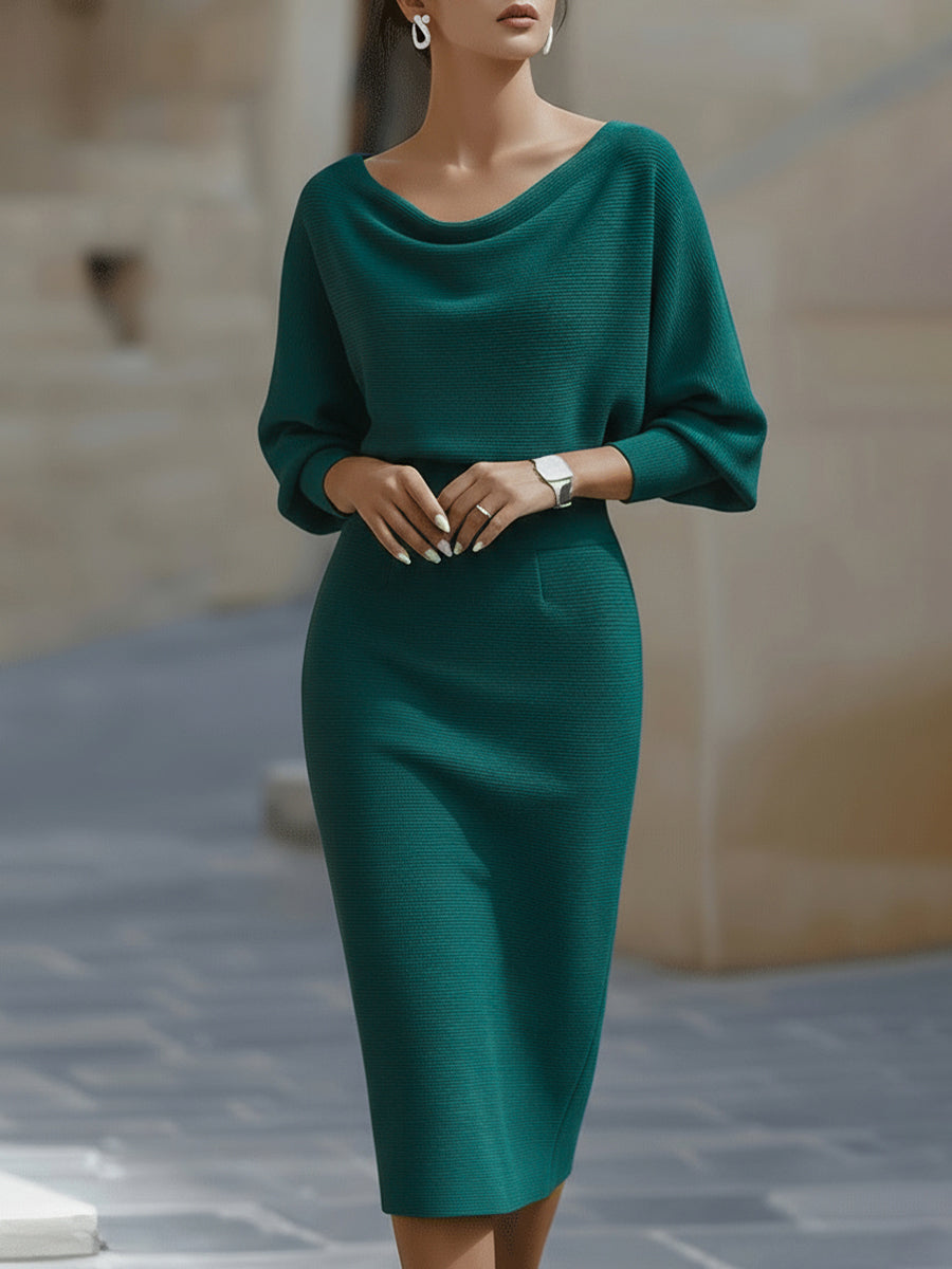 Chic Women's Bodycon Midi Dress with Long Sleeves and Boat Neck