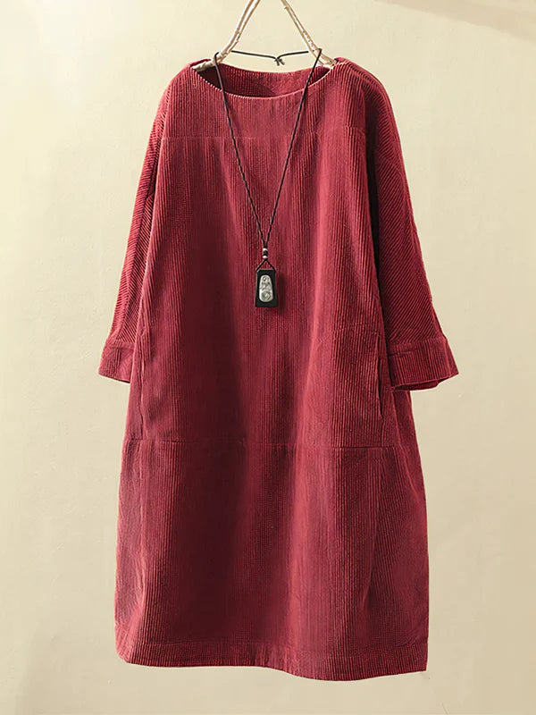 Airy Corduroy Midi Dress with Loose Fit for Women