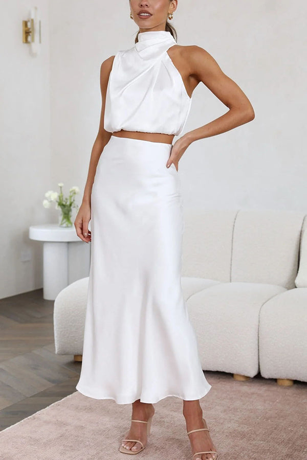 Terri | Satin Set with High Neck and Maxi Skirt