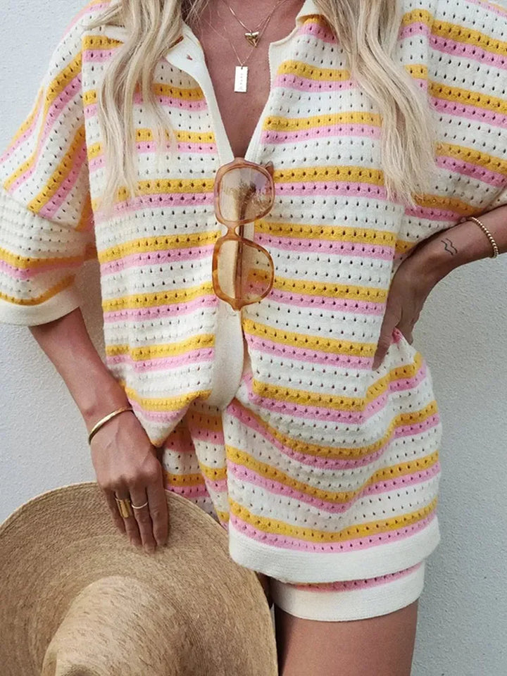 Summer Knitted Set for Women with Stripes and Shorts
