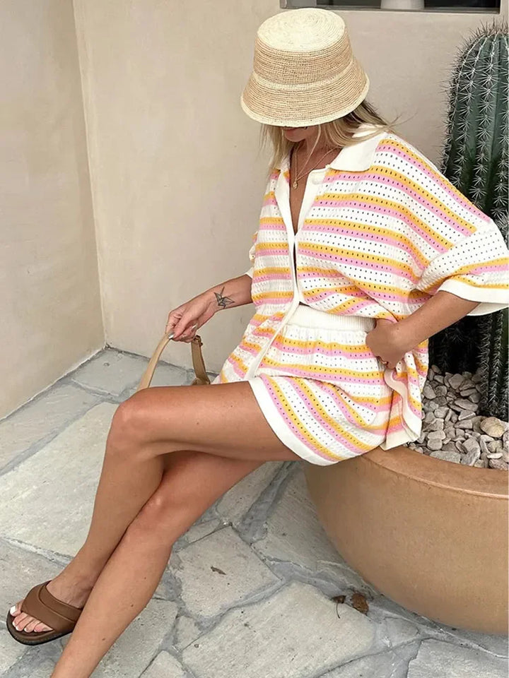 Summer Knitted Set for Women with Stripes and Shorts
