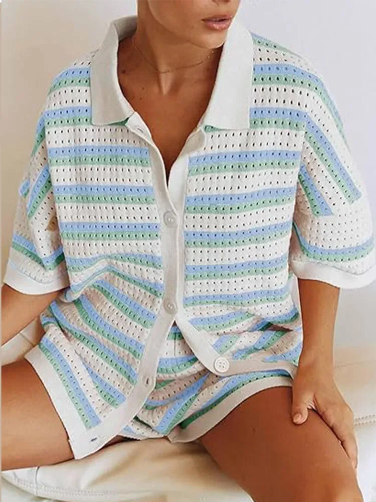 Summer Knitted Set for Women with Stripes and Shorts
