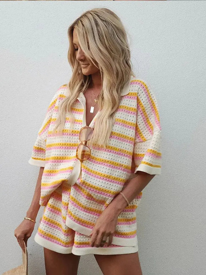 Summer Knitted Set for Women with Stripes and Shorts