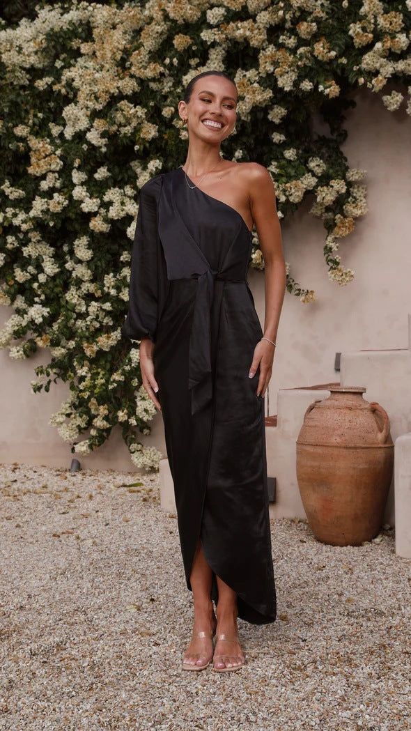 Xess | Satin Maxi Gown with One Shoulder