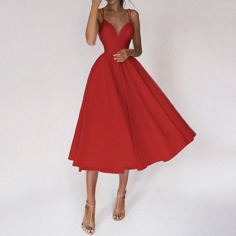 Laurela | Elegant A-Line Midi Dress with Spaghetti Straps